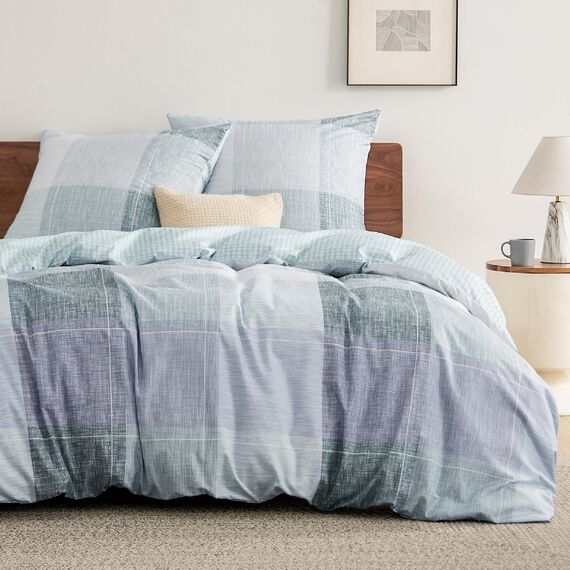 BEDSURE Bettwäsche 155x220 3teilig Bettbezug - Bettwäsche-Sets 155 x 220 cm mit 2 Kissenbezüge 80x80 cm, ÖKO-TEX Wendebettwäsche Bedding Blau Plaid Kariert Muster für Einzelbett mit Reißverschluss