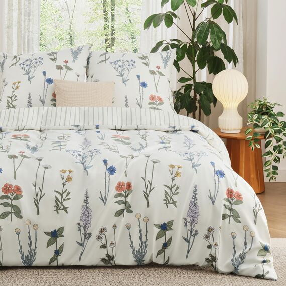 BEDSURE Bettwäsche 155x220 3teilig Bettbezug - Bettwäsche-Sets 155 x 220 cm mit 2 Kissenbezüge 80x80 cm, ÖKO-TEX Weiß Bedding Muster Blumen Gestreift für Einzelbett mit Reißverschluss