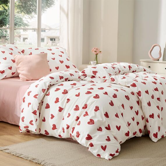 BEDSURE Bettwäsche 135x200 4teilig Herzen - Bettwäsche-Sets Weiß Bettbezug 135 x 200 2er Set mit 2 Kissenbezüge 80x80 cm, Oeko-TEX Bedding Muster Rot Herz mit Reißverschluss