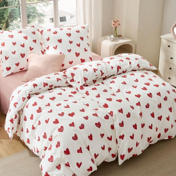 BEDSURE Bettwäsche 135x200 4teilig Herzen - Bettwäsche-Sets Weiß Bettbezug 135 x 200 2er Set mit 2 Kissenbezüge 80x80 cm, Oeko-TEX Bedding Muster Rot Herz mit Reißverschluss