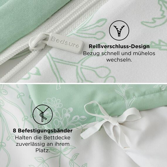 BEDSURE Bettwäsche 135x200 2teilig Bettbezug - Bettwäsche-Sets 135 x 200 cm mit Kissenbezug 80x80 cm, ÖKO-TEX Wendebettwäsche Bedding Grün Pflanzen Blätter Muster für Einzelbett mit Reißverschluss