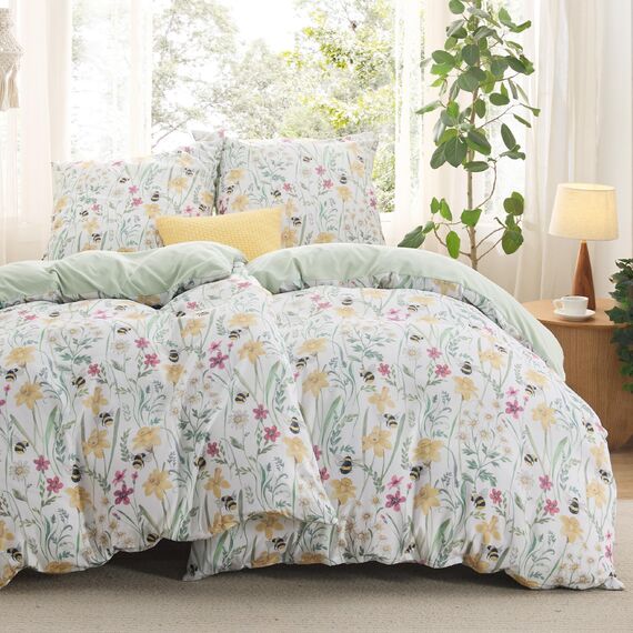 BEDSURE Bettwäsche 135x200 4teilig Bettbezug - Bettwäsche-Sets 135 x 200 cm 2er Set mit 2 Kissenbezüge 80x80cm, ÖKO-TEX Wendebettwäsche Bedding Grün Blumen Pflanze Muster mit Reißverschluss