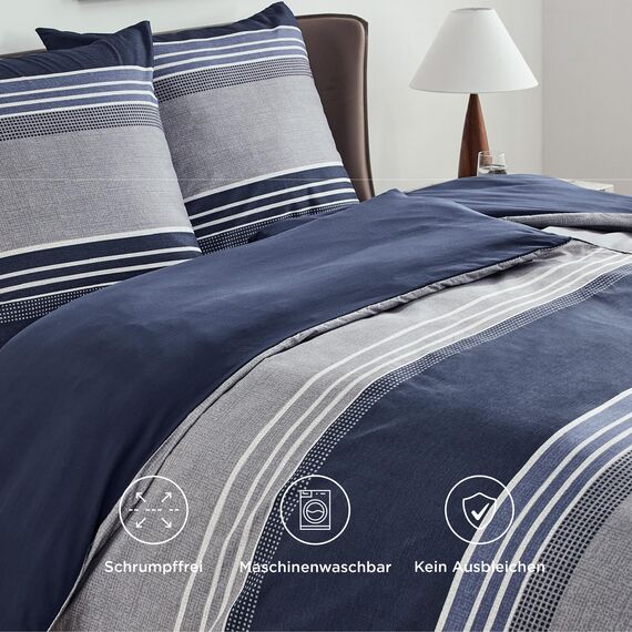 BEDSURE Bettwäsche 135x200 4teilig Bettbezug - Bettwäsche-Sets 135 x 200 cm 2er Set mit 2 Kissenbezüge 80x80cm, ÖKO-TEX Wendebettwäsche Bedding Blau Gestreift Muster mit Reißverschluss