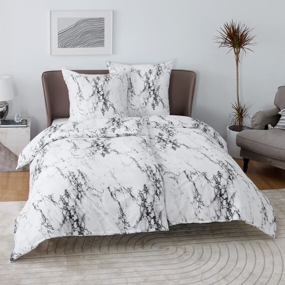 BEDSURE Bettwäsche 135x200 4teilig Bettbezug - Bettwäsche-Sets 135 x 200 cm 2er Set mit 2 Kissenbezüge 80x80cm, Weich Wendebettwäsche Bedding Marmor Weiß Muster mit Reißverschluss