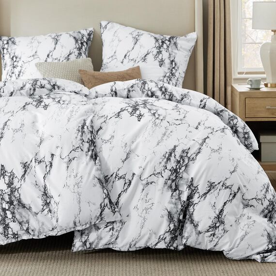 BEDSURE Bettwäsche 135x200 4teilig Bettbezug - Bettwäsche-Sets 135 x 200 cm 2er Set mit 2 Kissenbezüge 80x80cm, Weich Wendebettwäsche Bedding Marmor Weiß Muster mit Reißverschluss