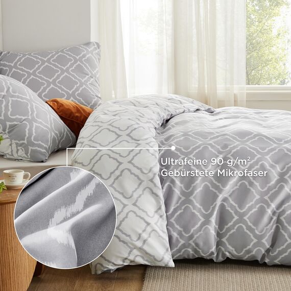 BEDSURE Bettwäsche 155x220 3teilig Bettbezug - Bettwäsche-Sets 155 x 220 cm mit 2 Kissenbezüge 80x80 cm, ÖKO-TEX Wendebettwäsche Bedding Gitter Grau Muster für Einzelbett mit Reißverschluss