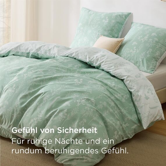 BEDSURE Bettwäsche 135x200 4teilig Bettbezug - Bettwäsche-Sets 135 x 200 cm 2er Set mit 2 Kissenbezüge 80x80cm, ÖKO-TEX Wendebettwäsche Bedding Grün Pflanzen Blumen Blätter Muster mit Reißverschluss