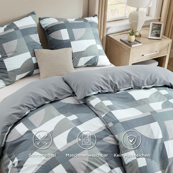 BEDSURE Bettwäsche 135x200 4teilig Bettbezug - Bettwäsche-Sets 135 x 200 cm 2er Set mit 2 Kissenbezüge 80x80cm, ÖKO-TEX Wendebettwäsche Bedding Grau Geometrie Muster mit Reißverschluss