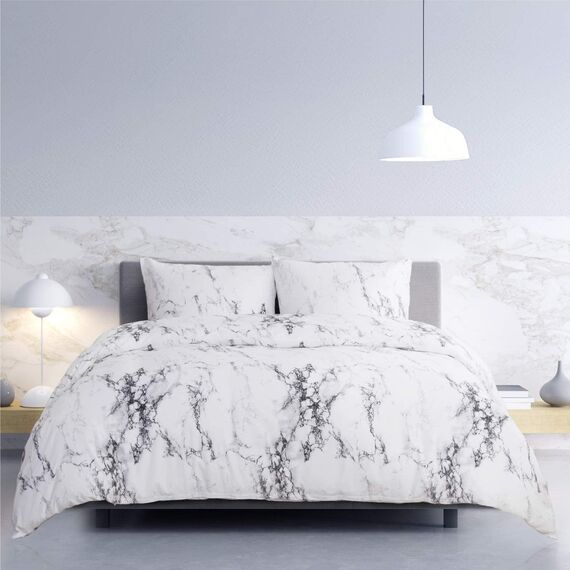 BEDSURE Bettwäsche 155x220 3teilig Bettbezug - Bettwäsche-Sets 155 x 220 cm mit 2 Kissenbezüge 80x80 cm, Weich Wendebettwäsche Bedding Marmor Weiß für Einzelbett mit Reißverschluss