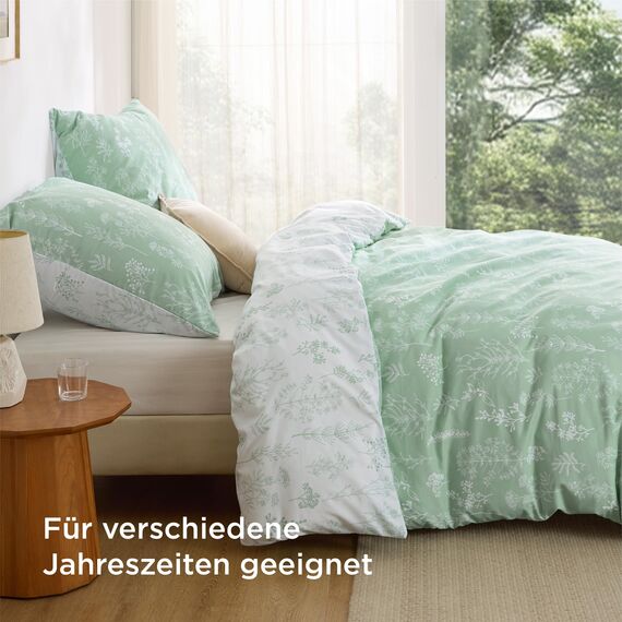 BEDSURE Bettwäsche 200x200 3teilig Bettbezug - Bettwäsche-Sets 200 x 200 cm mit 2 Kissenbezüge 80x80 cm, ÖKO-TEX Wendebettwäsche Bedding Grün Pflanzen Blätter Muster für Doppelbett mit Reißverschluss