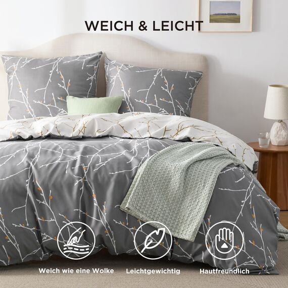 BEDSURE Bettwäsche 220x240 3teilig Bettbezug - Bettwäsche-Sets 220 x 240 cm mit 2 Kissenbezüge 80x80 cm, ÖKO-TEX Wendebettwäsche Bedding Muster Grau Zweige für Doppelbett mit Reißverschluss