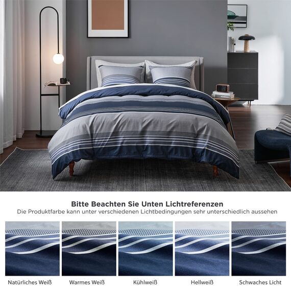 BEDSURE Bettwäsche 200x200 3teilig Bettbezug - Bettwäsche-Sets Blau 200 x 200 cm mit 2 Kissenbezüge 80x80 cm, ÖKO-TEX Wendebettwäsche Bedding Blau Gestreift Muster mit Reißverschluss