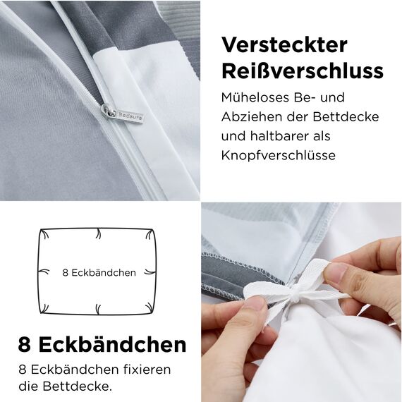 BEDSURE Bettwäsche 200x200 3teilig Bettbezug - Bettwäsche-Sets 200 x 200 cm mit 2 Kissenbezüge 80x80 cm, ÖKO-TEX Wendebettwäsche Bedding Grau Geometrie Muster für Doppelbett mit Reißverschluss