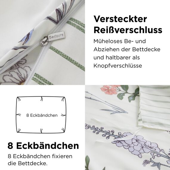 BEDSURE Bettwäsche 220x240 3teilig Bettbezug - Bettwäsche-Sets 220 x 240 cm mit 2 Kissenbezüge 80x80 cm, ÖKO-TEX Weiß Bedding Muster Blumen Gestreift für Doppelbett mit Reißverschluss