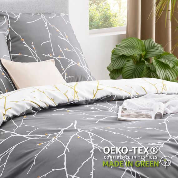 BEDSURE Bettwäsche 200x220 3teilig Bettbezug - Bettwäsche-Sets 200 x 220 cm mit 2 Kissenbezüge 80x80 cm, ÖKO-TEX Wendebettwäsche Bedding Muster Grau Zweige für Doppelbett mit Reißverschluss