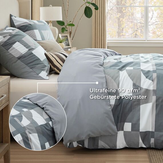 BEDSURE Bettwäsche 200x200 3teilig Bettbezug - Bettwäsche-Sets 200 x 200 cm mit 2 Kissenbezüge 80x80 cm, ÖKO-TEX Wendebettwäsche Bedding Grau Geometrie Muster für Doppelbett mit Reißverschluss