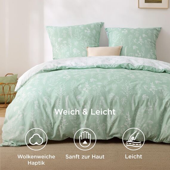 BEDSURE Bettwäsche 200x200 3teilig Bettbezug - Bettwäsche-Sets 200 x 200 cm mit 2 Kissenbezüge 80x80 cm, ÖKO-TEX Wendebettwäsche Bedding Grün Pflanzen Blätter Muster für Doppelbett mit Reißverschluss