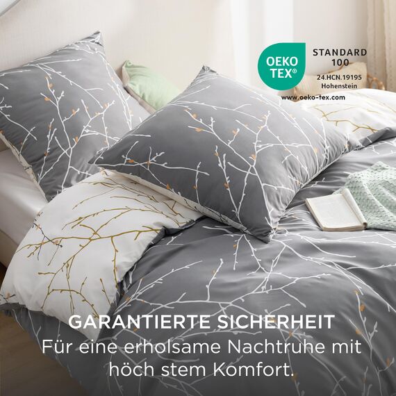 BEDSURE Bettwäsche 200x200 3teilig Bettbezug - Bettwäsche-Sets 200 x 200 cm mit 2 Kissenbezüge 80x80 cm, ÖKO-TEX Wendebettwäsche Bedding Muster Grau Zweige für Doppelbett mit Reißverschluss