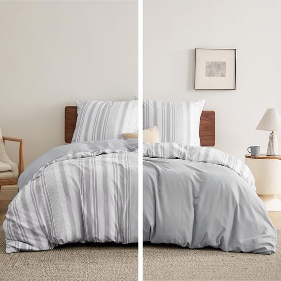 BEDSURE Bettwäsche 155x220 3teilig Bettbezug - Bettwäsche-Sets 155 x 220 cm mit 2 Kissenbezüge 80x80 cm, ÖKO-TEX Wendebettwäsche Bedding Grau Streifen Muster für Einzelbett mit Reißverschluss