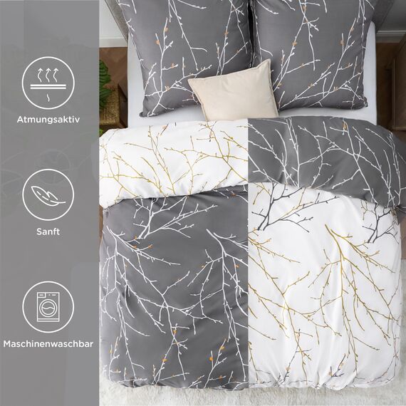 BEDSURE Bettwäsche 200x220 3teilig Bettbezug - Bettwäsche-Sets 200 x 220 cm mit 2 Kissenbezüge 80x80 cm, ÖKO-TEX Wendebettwäsche Bedding Muster Grau Zweige für Doppelbett mit Reißverschluss