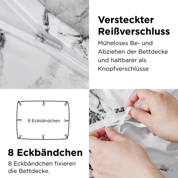 BEDSURE Bettwäsche 155x220 3teilig Bettbezug - Bettwäsche-Sets 155 x 220 cm mit 2 Kissenbezüge 80x80 cm, Weich Wendebettwäsche Bedding Marmor Weiß für Einzelbett mit Reißverschluss