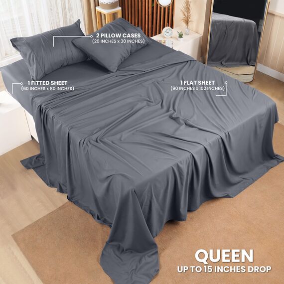 Utopia Bedding Queen-Bettwäsche-Set, Großpackung mit 2 Bettlaken-Sets, perfekt für Spa, Hotel und Gästezimmer, gebürstete Mikrofaser, schrumpf- und lichtbeständig, pflegeleicht, Grau