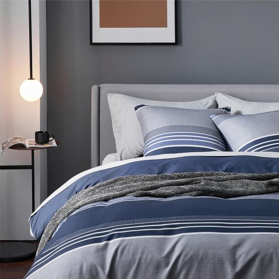 BEDSURE Bettwäsche 200x200 3teilig Bettbezug - Bettwäsche-Sets Blau 200 x 200 cm mit 2 Kissenbezüge 80x80 cm, ÖKO-TEX Wendebettwäsche Bedding Blau Gestreift Muster mit Reißverschluss