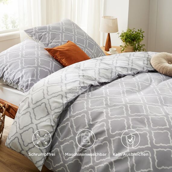 BEDSURE Bettwäsche 220x240 3teilig Bettbezug - Bettwäsche-Sets 220 x 240 cm mit 2 Kissenbezüge 80x80 cm, ÖKO-TEX Wendebettwäsche Bedding Gitter Grau Muster für Doppelbett mit Reißverschluss