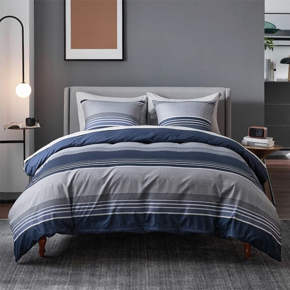 BEDSURE Bettwäsche 200x200 3teilig Bettbezug - Bettwäsche-Sets Blau 200 x 200 cm mit 2 Kissenbezüge 80x80 cm, ÖKO-TEX Wendebettwäsche Bedding Blau Gestreift Muster mit Reißverschluss