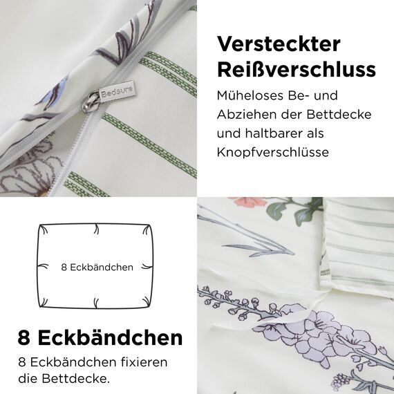 BEDSURE Bettwäsche 135x200 4teilig Bettbezug - Bettwäsche-Sets 135 x 200 cm 2er Set mit 2 Kissenbezüge 80x80cm, ÖKO-TEX Weiß Wendebettwäsche Bedding Muster Blumen Gestreift mit Reißverschluss