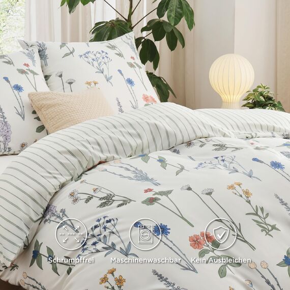 BEDSURE Bettwäsche 135x200 4teilig Bettbezug - Bettwäsche-Sets 135 x 200 cm 2er Set mit 2 Kissenbezüge 80x80cm, ÖKO-TEX Weiß Wendebettwäsche Bedding Muster Blumen Gestreift mit Reißverschluss