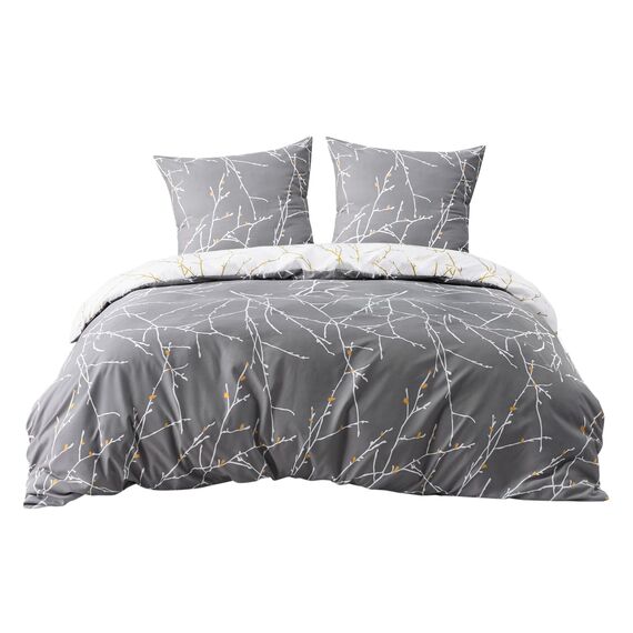 BEDSURE Bettwäsche 200x220 3teilig Bettbezug - Bettwäsche-Sets 200 x 220 cm mit 2 Kissenbezüge 80x80 cm, ÖKO-TEX Wendebettwäsche Bedding Muster Grau Zweige für Doppelbett mit Reißverschluss