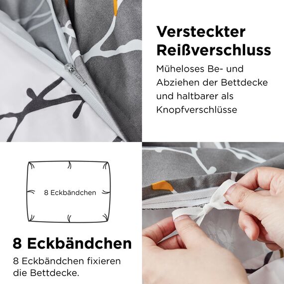 BEDSURE Bettwäsche 200x220 3teilig Bettbezug - Bettwäsche-Sets 200 x 220 cm mit 2 Kissenbezüge 80x80 cm, ÖKO-TEX Wendebettwäsche Bedding Muster Grau Zweige für Doppelbett mit Reißverschluss