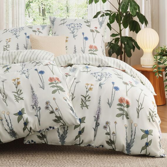 BEDSURE Bettwäsche 135x200 4teilig Bettbezug - Bettwäsche-Sets 135 x 200 cm 2er Set mit 2 Kissenbezüge 80x80cm, ÖKO-TEX Weiß Wendebettwäsche Bedding Muster Blumen Gestreift mit Reißverschluss