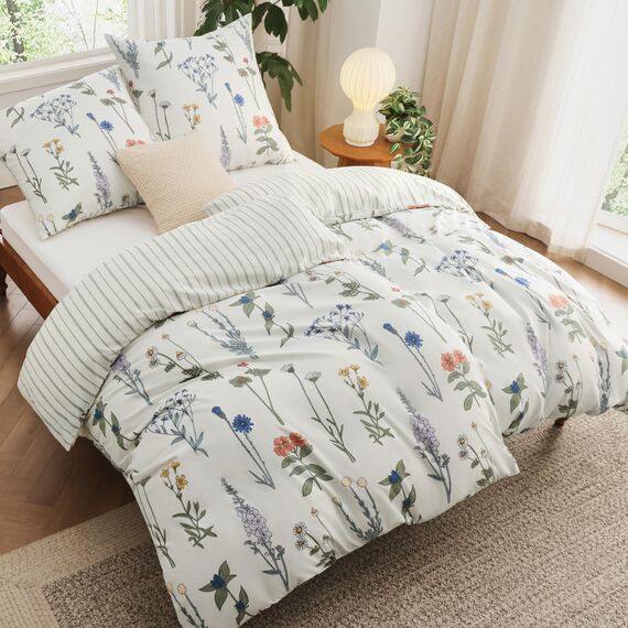 BEDSURE Bettwäsche 135x200 4teilig Bettbezug - Bettwäsche-Sets 135 x 200 cm 2er Set mit 2 Kissenbezüge 80x80cm, ÖKO-TEX Weiß Wendebettwäsche Bedding Muster Blumen Gestreift mit Reißverschluss