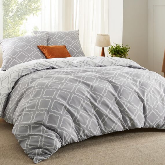 BEDSURE Bettwäsche 220x240 3teilig Bettbezug - Bettwäsche-Sets 220 x 240 cm mit 2 Kissenbezüge 80x80 cm, ÖKO-TEX Wendebettwäsche Bedding Gitter Grau Muster für Doppelbett mit Reißverschluss