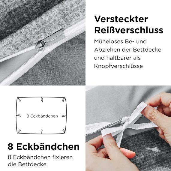 BEDSURE Bettwäsche 220x240 3teilig Bettbezug - Bettwäsche-Sets Grau 220 x 240 cm mit 2 Kissenbezüge 80x80 cm, ÖKO-TEX Wendebettwäsche Bedding Grau Gestreift Muster mit Reißverschluss