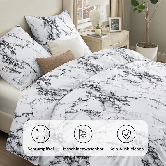 BEDSURE Bettwäsche 155x220 3teilig Bettbezug - Bettwäsche-Sets 155 x 220 cm mit 2 Kissenbezüge 80x80 cm, Weich Wendebettwäsche Bedding Marmor Weiß für Einzelbett mit Reißverschluss
