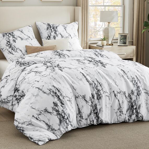 BEDSURE Bettwäsche 155x220 3teilig Bettbezug - Bettwäsche-Sets 155 x 220 cm mit 2 Kissenbezüge 80x80 cm, Weich Wendebettwäsche Bedding Marmor Weiß für Einzelbett mit Reißverschluss