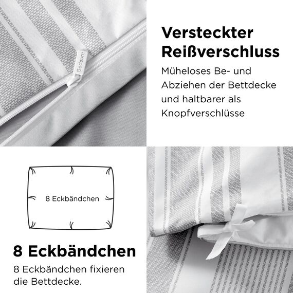 BEDSURE Bettwäsche 155x220 3teilig Bettbezug - Bettwäsche-Sets 155 x 220 cm mit 2 Kissenbezüge 80x80 cm, ÖKO-TEX Wendebettwäsche Bedding Grau Streifen Muster für Einzelbett mit Reißverschluss