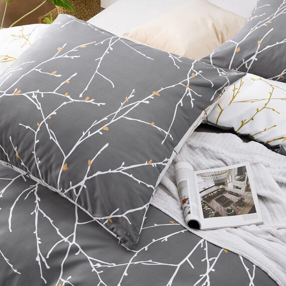 BEDSURE Bettwäsche 200x220 3teilig Bettbezug - Bettwäsche-Sets 200 x 220 cm mit 2 Kissenbezüge 80x80 cm, ÖKO-TEX Wendebettwäsche Bedding Muster Grau Zweige für Doppelbett mit Reißverschluss
