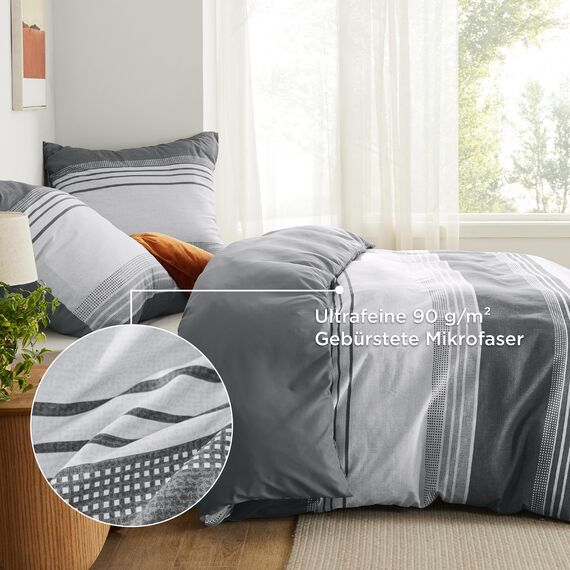 BEDSURE Bettwäsche 220x240 3teilig Bettbezug - Bettwäsche-Sets Grau 220 x 240 cm mit 2 Kissenbezüge 80x80 cm, ÖKO-TEX Wendebettwäsche Bedding Grau Gestreift Muster mit Reißverschluss