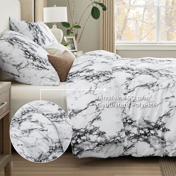 BEDSURE Bettwäsche 155x220 3teilig Bettbezug - Bettwäsche-Sets 155 x 220 cm mit 2 Kissenbezüge 80x80 cm, Weich Wendebettwäsche Bedding Marmor Weiß für Einzelbett mit Reißverschluss