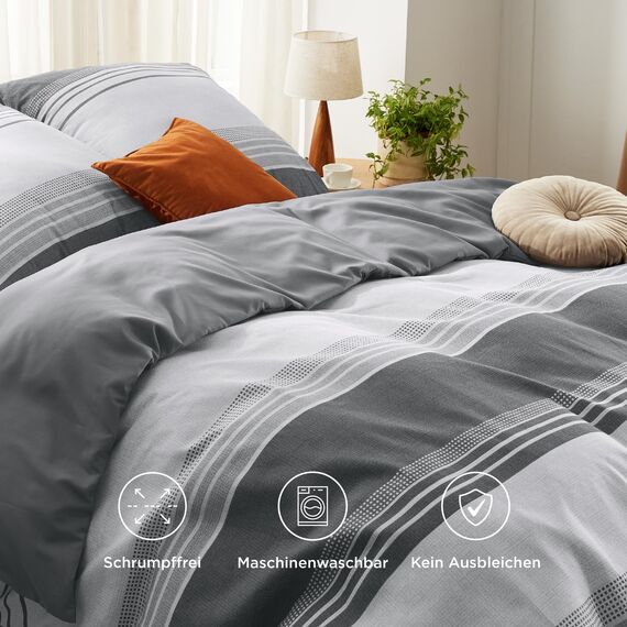 BEDSURE Bettwäsche 220x240 3teilig Bettbezug - Bettwäsche-Sets Grau 220 x 240 cm mit 2 Kissenbezüge 80x80 cm, ÖKO-TEX Wendebettwäsche Bedding Grau Gestreift Muster mit Reißverschluss