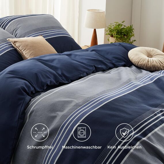 BEDSURE Bettwäsche 220x240 3teilig Bettbezug - Bettwäsche-Sets Blau 220 x 240 cm mit 2 Kissenbezüge 80x80 cm, ÖKO-TEX Wendebettwäsche Bedding Blau Gestreift Muster mit Reißverschluss