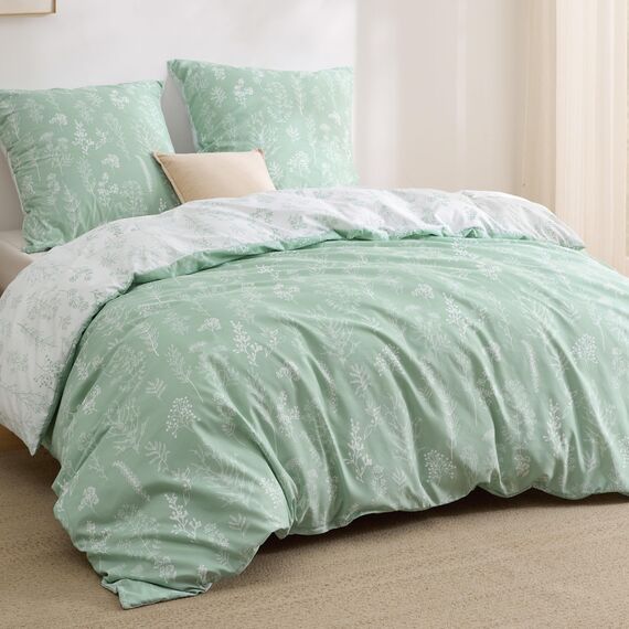 BEDSURE Bettwäsche 200x220 3teilig Bettbezug - Bettwäsche-Sets 200 x 220 cm mit 2 Kissenbezüge 80x80 cm, ÖKO-TEX Wendebettwäsche Bedding Grün Pflanzen Blätter Muster für Doppelbett mit Reißverschluss