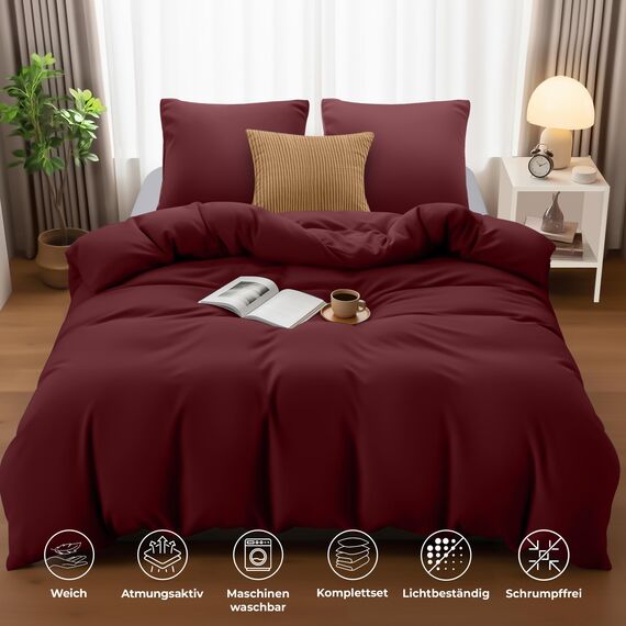 Utopia Bedding Bettwäsche 200x200 Set - Mikrofaser Bettbezug 200x200 cm + 2 Kissenbezüge 80x80 cm - Burgund