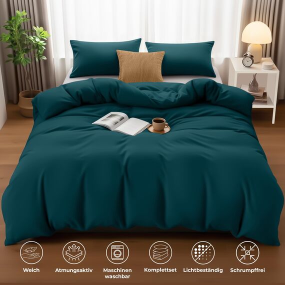 Utopia Bedding Bettwäsche 200x200 Set - Mikrofaser Bettbezug 200x200 cm + 2 Kissenbezüge 50x75 cm - Blaugrün