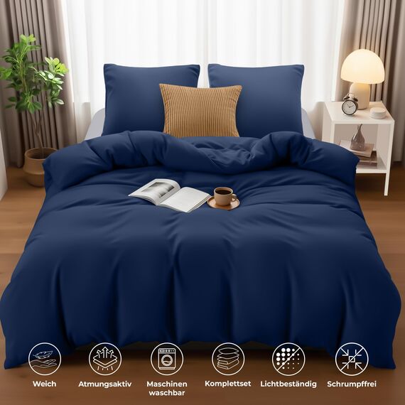 Utopia Bedding Bettwäsche 220x240 Set - Mikrofaser Bettbezug 240x220 cm + 2 Kissenbezüge 65x65 cm - Marineblau