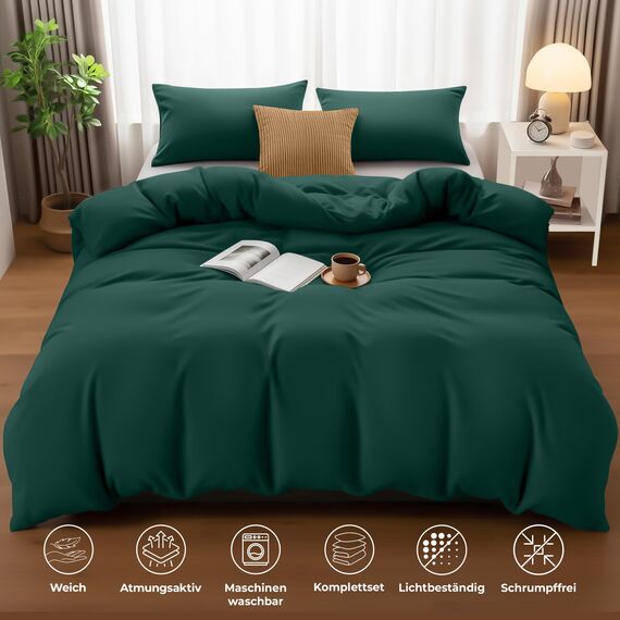 Utopia Bedding Bettwäsche 200x200 Set - Mikrofaser Bettbezug 200x200 cm + 2 Kissenbezüge 50x75 cm - Smaragd